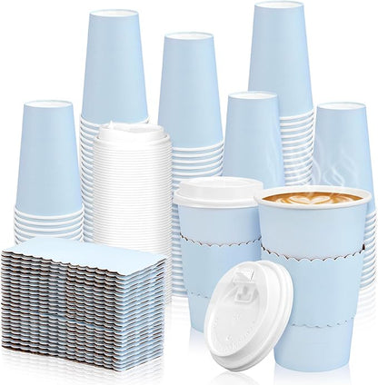 Whaline 100 Pcs Light Blue Disposable Coffee Cups with Lids and Sleeves 16 Oz Insulated To Go Paper Cups for Winter Home Restaurant Travel Wedding Birthday Baby Shower Party Supplies