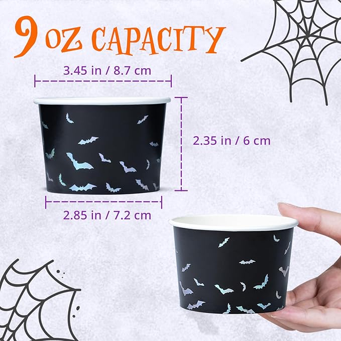 Paper Ice Cream Cups, 50-Count 9-Oz Disposable Dessert Bowls for Hot or Cold Food, 9-Ounce Halloween Party Supplies Treat Cups, Bats, Black and Silver