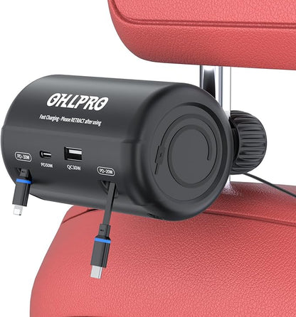 OHLPRO Car Back Seat Charger with Retractable Cables, Headrest Mount Phone Tablet Charger with USB-C PD30W & iOS PD20W Wires, 4-Port Adapter for Uber Taxi Rideshare, with Cigarette Lighter Plug