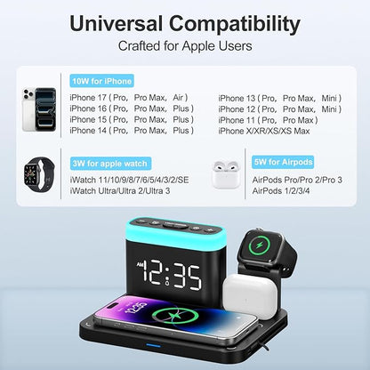 ANJANK Wireless Charging Station,5 in 1 Multiple Charger Stand with Alarm Clock,7 Night Light,Mag-Safe Charging Dock for iPhone 17 16 15 14 13 12 Pro Max Plus,Apple Watch 11/10/9/8,for Airpods,Bedroom
