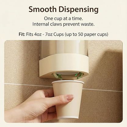 Cup Dispenser Wall Mounted, Large Capacity Bathroom Cup Holder for 4-6oz Cups, Dustproof Water Cooler Organizers with 50 Absorbent Coasters, Beige