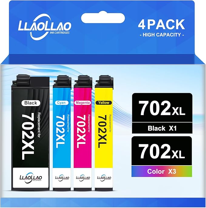LLAOLLAO 702XL 702 Ink Cartridges Combo Pack Remanufactured Replacement for 702xl Ink Cartridges for Printer WF-3720 WF-3730 WF-3733 (1 Black 1 Cyan 1 Magenta 1 Yellow, 4 Pack)