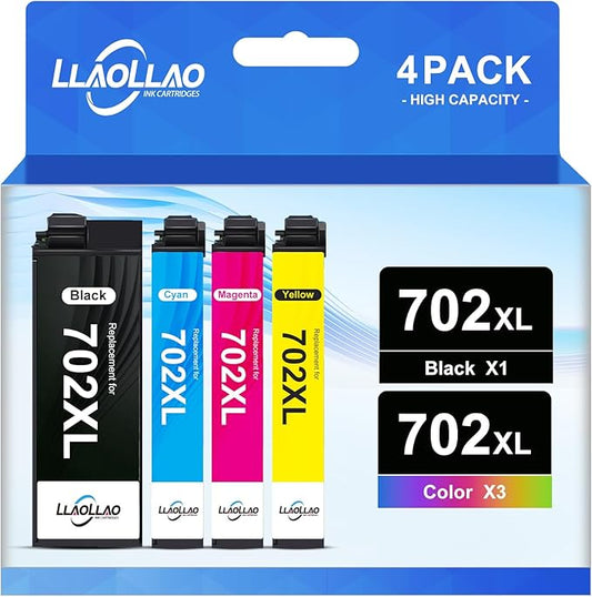 LLAOLLAO 702XL 702 Ink Cartridges Combo Pack Remanufactured Replacement for 702xl Ink Cartridges for Printer WF-3720 WF-3730 WF-3733 (1 Black 1 Cyan 1 Magenta 1 Yellow, 4 Pack)