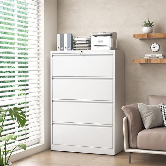 Lateral File Cabinet 4 Drawer, Metal File Cabinets for Home Office Legal/Letter A4 Size, File Cabinet with 4 Lock, Require Assembly, White