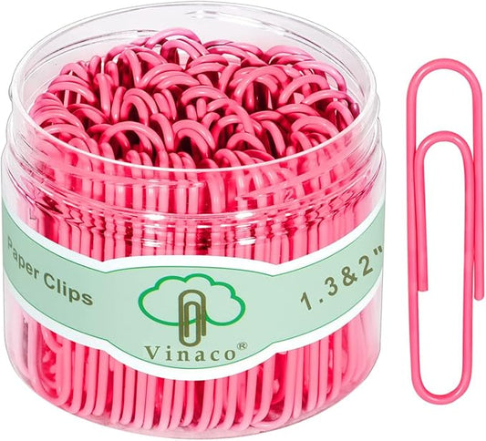 Vinaco Paper Clips Pink, 400PCS Medium and Jumbo Paper Clips (1.3 inch & 2.0 inch), Durable & Rustproof, Coated Paper Clip Great for Office School and Personal Use(Pink)