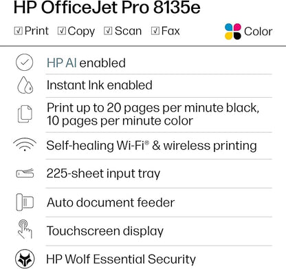 HP OfficeJet Pro 8135e Wireless All-in-One Color Inkjet Printer, Print, scan, Copy, fax, ADF, Duplex Printing Best-for-Home Office, 3 Month Instant Ink Trial Included, AI-Enabled (40Q35A)
