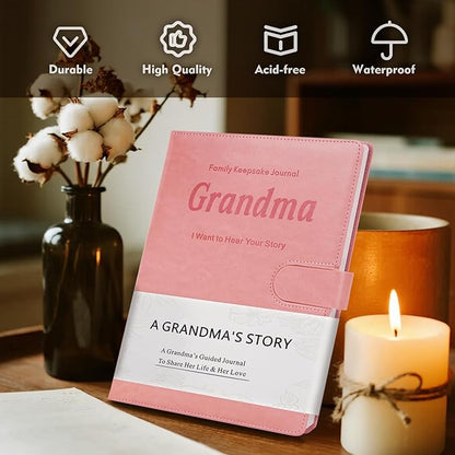 Artmag Grandma's Life Story Journal with 250+ Prompt Questions, Family Keepsake Book Leather Cover for Grandma to Share Her Memories for Birthday Mother's Day Christmas (Pink)