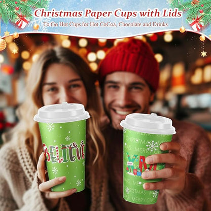 CHENGU 100 Set 16 oz Christmas Disposable Coffee Cups with Lids Lime Green Christmas Paper Cups for Hot Cocoa Chocolate Tea Green Elf Holiday Xmas Dinner Party Supplies