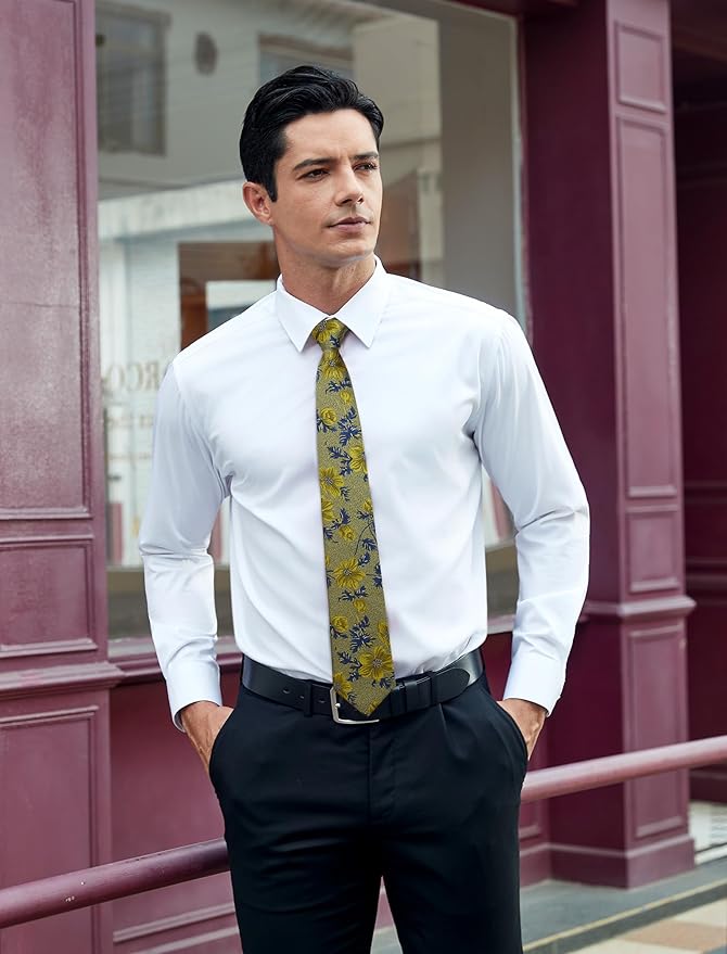 HISDERN Men Floral Ties Woven Classic 3.4" Necktie Set Formal Tie Pocket Square for Wedding with Handkerchief Gift Box