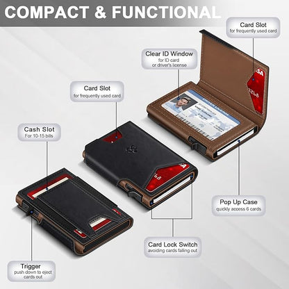 Wallet for Men Wallet with Slim Pop Up Card Holder 9-13 Cards, Bifold Minimalist Smart Wallet RFID Blocking Credit Card Holder with ID Window & Stretchable Cash Slot Compact Metal Aluminum Card Case