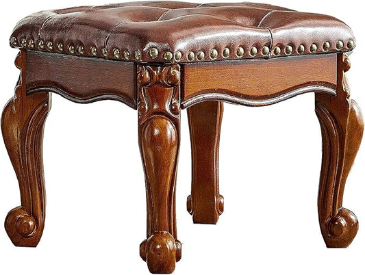 Footstool and Ottomans Small Foot Stool with Fiber Leather Wooden Foot Rest Upholstered Footrest for Living Room Bedroom (Red-Brown)