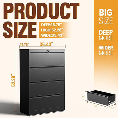 4-Drawer Lateral File Cabinet with Lock, Black Metal Filing Cabinet for Office or Home – Secure Storage for Letter/Legal/A4/F4 Documents, Easy to Assemble Locking File Organizer (Black, 4 Drawer-52"H)