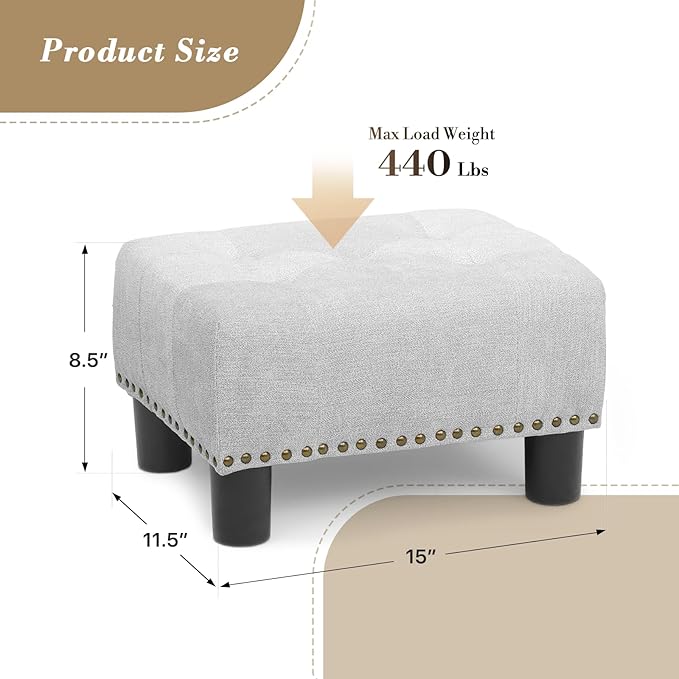 Athena Collection Small Ottoman Foot Rest with Legs, Linen Fabric Ottoman Foot Stool with Soft Padded seat, Square Footstool FootRest for Living Room, Bedroom, Office, Grey