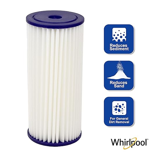 Whirlpool WHKF-WHPLBB Whole House Large Capacity Pleated Sediment Filter, Upgraded 20 Micron Reduces Sand, Soil, Silt & Rust, Fits 4.5" Diameter Standard Home Water Filter Housings