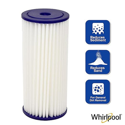 Whirlpool WHKF-WHPLBB Whole House Large Capacity Pleated Sediment Filter, Upgraded 20 Micron Reduces Sand, Soil, Silt & Rust, Fits 4.5" Diameter Standard Home Water Filter Housings