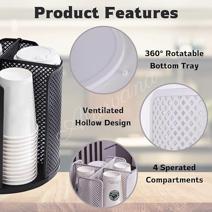 Rotatable Coffee Cup Dispenser with 4 Compartments, Atavarna Cups and Lids Holder for 5-16oz Cups Organizer for Restaurant, Coffee Station, Bar, Office, Home-9.25" x 9.25" x 8.66"