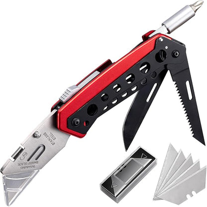 Folding Utility Knife, Heavy Duty Box Cutter Knife, Quick Change Razor Knives with 5 Extra Blades, Screwdriver, Saw, Clip, Holder for Belt, Safety Lock, EDC Work Knives, Gifts for Men Wowen