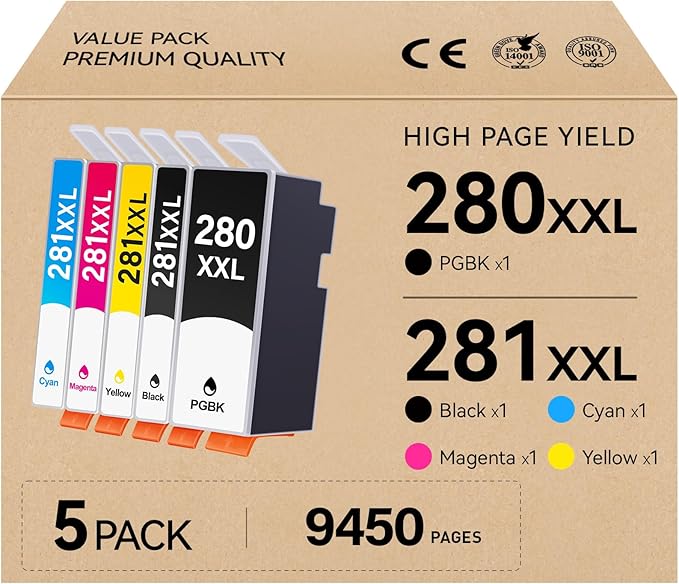 280XXL 281XXL Ink Cartridges 5 Pack High Yield Replacement for Cartridges PGI-280XXL CLI-281XXL for TR8520 Ink Cartridges for Pixma TR8620 TS6320 TR7520 TS6120 TS6220 TS8220 TS9520 TS9521C