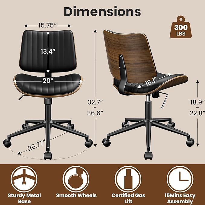 Armless Office Chair, Mid Century Modern Desk Chair with Walnut Wood Back & SGS Level 3 Gas Lift, Swivel PU Leather Computer Chair for Small Space, Home Office, Bedroom, 300lbs Cap, Black