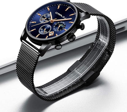 CRRJU Men's Fashion Casual Watches Auto Date Chronograph Watch Men Nice Work Watches Waterproof 30M Full Steel Quartz with Mesh Strap