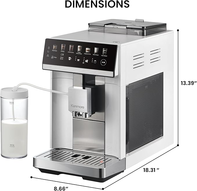 Kenmore Fully Automatic Espresso Machine – Programmable Coffee Machine With Integrated Bean Grinder, Milk Steamer, Frother, Descaler, Barista Cappuccino, Latte, Americano Brewing System, White