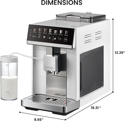 Kenmore Fully Automatic Espresso Machine – Programmable Coffee Machine With Integrated Bean Grinder, Milk Steamer, Frother, Descaler, Barista Cappuccino, Latte, Americano Brewing System, White