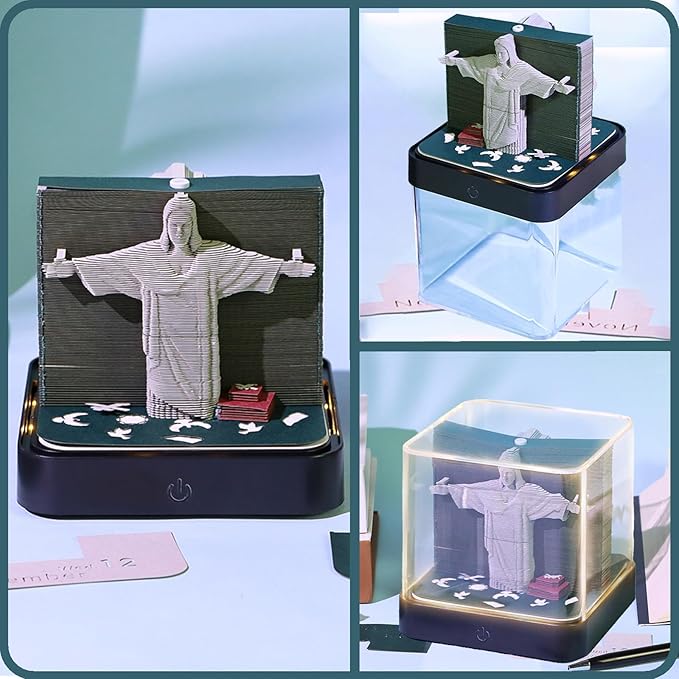 3D Time Piece Calendar 2026 DIY Calendars Tear Away Carving Art 3D Memo Pad Calendar With LED Lights sculpture artsy pads calendar notepad for Desktop Decor-Jesus