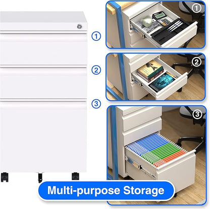 Aobabo 3 Drawer File Cabinet with Lock,Metal Filing Cabinet with Wheels for Home Office & Business Enterprise, Legal/Letter Size, Fully Assembled Except Wheels, White