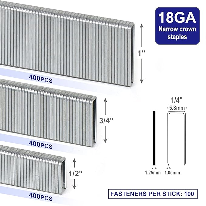 HW HAMWOO 18 Gauge 1/4" Narrow Crown Staples and Brad Nails,Galvanized Nail Assorted, Suitable for Most Brand of 18 GA Pneumatic and Electric Brad Nailer(1/2",3/4",1"& 5/8",1",1-1/4":4200Pcs)