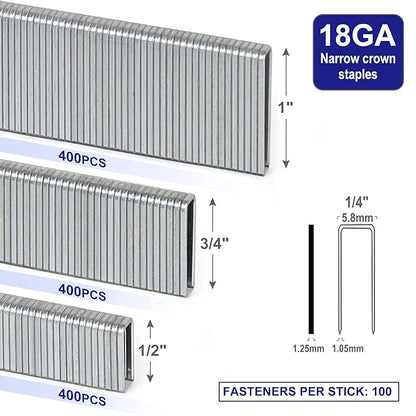 HW HAMWOO 18 Gauge 1/4" Narrow Crown Staples and Brad Nails,Galvanized Nail Assorted, Suitable for Most Brand of 18 GA Pneumatic and Electric Brad Nailer(1/2",3/4",1"& 5/8",1",1-1/4":4200Pcs)