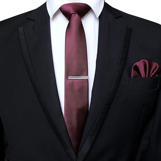 JEMYGINS 2.4" Solid Color Skinny Tie and Pocket Square with Tie Clip Sets for Men (6cm)