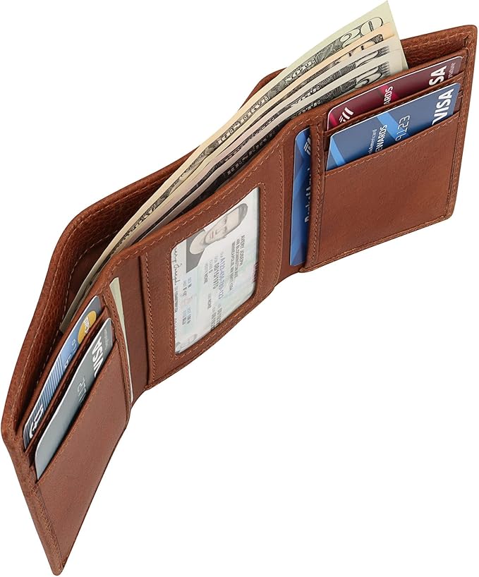 Genuine Leather Mens Trifold Wallet RFID Blocking with 6 Credit Card Slots 1 ID Window Section for Bills 2 Hidden Pockets | Tan