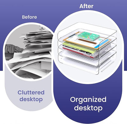 Tomorotec Desk Letter Tray Set, A4 Size Clear PET Stackable Document Organizer Office Desktop File Paper Holder Book Storage Rack Side Load Anti-Skid Stacking Support Convex Bottom (4X Landscape)