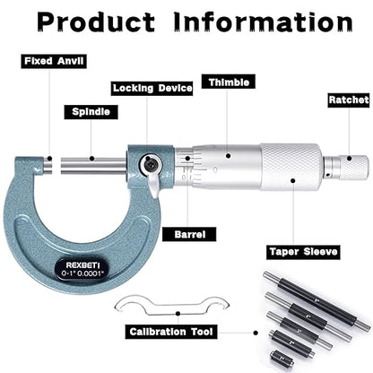 REXBETI 6Pcs Outside Micrometer Set, 0-6" Machinist Micrometer, Ultra-Precision Carbide Tipped Measuring Tool Set, 0.001" Graduation, +/-0.0001" Accuracy, Protective Case