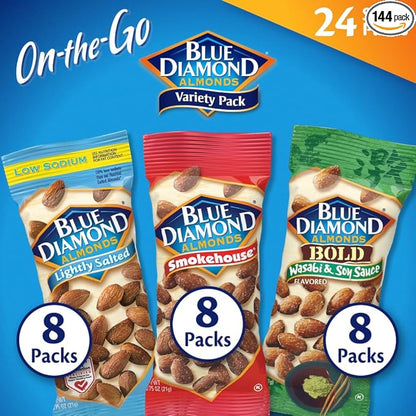 Blue Diamond Almonds Snack Nut Variety Pack for Kids, Office, School, On-the-go, 0.75 oz Gluten Free Individual Packs, Wasabi & Soy Sauce, Lightly Salted, and Smokehouse (Pack of 6,144 Count Total)