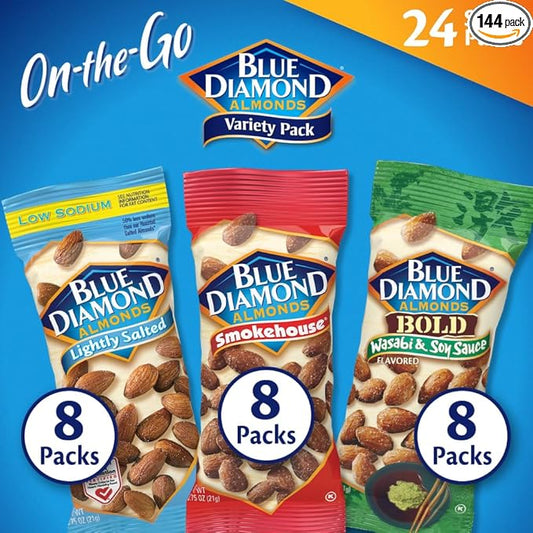 Blue Diamond Almonds Snack Nut Variety Pack for Kids, Office, School, On-the-go, 0.75 oz Gluten Free Individual Packs, Wasabi & Soy Sauce, Lightly Salted, and Smokehouse (Pack of 6,144 Count Total)