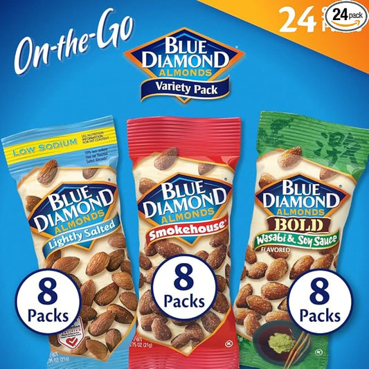 Blue Diamond Almonds Snack Nut Variety Pack for Kids, Office, School, On-the-go, 0.75 oz Gluten Free Individual Packs, Wasabi & Soy Sauce, Lightly Salted, and Smokehouse (Pack of 1,24 Count Total)