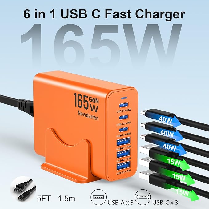 165W GaN 6-Port USB-C Charging Station – Fast Charger Hub for iPhone 17, iPad & Laptop