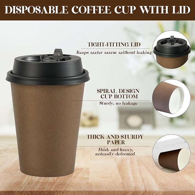 LITOPAK 100 Pack 12 oz Disposable Paper Coffee Cups with Lids for Coffee, Water, Juice, or Tea, Brown Hot Paper Cups for Home, Restaurant, Store, and Cafe
