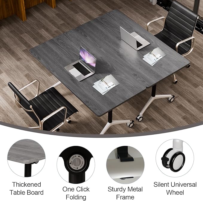 Conference Table Folding Conference Room Tables, Modern Mobile Meeting Training Table with Silent Wheels, Foldable Seminar Table for Offices, Classrooms, Libraries (4, Grey2, 55.1in)