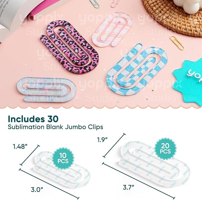 30 Pack Sublimation Paper Clips Blanks, 20pcs 3.7"x1.9" + 10pcs 3"x1.5" Clear Acrylic Jumbo Clips for Heat Transfer, DIY Crafts, Office School Supplies, Customizable Gift Ideas