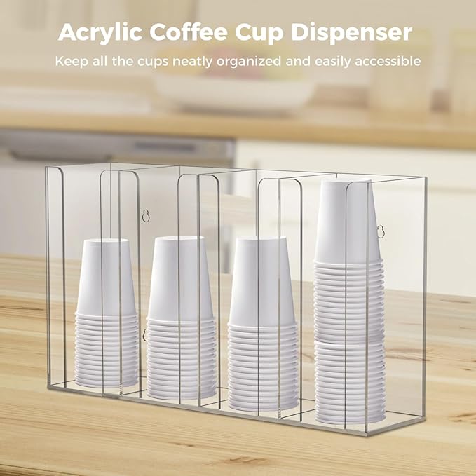 4-Compartment Acrylic Cup Dispenser, White Cup and Lid Holder for Counter, 16.5 * 4.1 * 9.4 inches,Wall-Mounted Cup Organizer, Clear Desktop Cup Storage Holder or Kitchen, Coffee, Bar