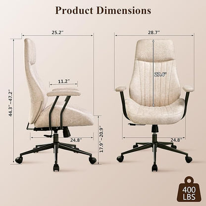 Mid Century Modren Office Chair - Fuax Leather Suede Brown Executive Chairs Ergonomic Mid Back with Lumbar Support, Swivel Computer Desk Task Chair with Wheels for Home Office (Beige, Hign Back)