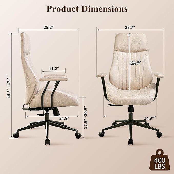 Mid Century Modren Office Chair,Computer Desk Swivel Task Chair with Wheels, High Back Ergonomic Executive Chair with Lumbar Support, Faux Lether Suede Fabric Home Chair (High Back, Beige)