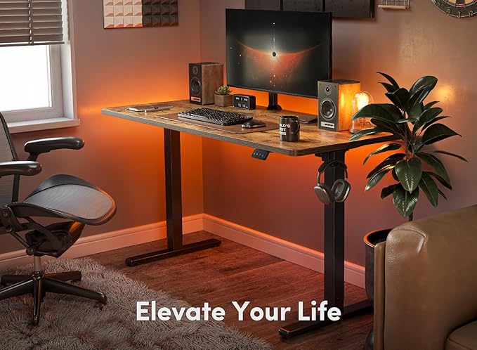 FEZIBO Standing Desk, 55 × 24 Inches Electric Height Adjustable, Sit Stand Up Desk, Home Office Desk with Splice Board, Black Frame/Rustic Brown TOP