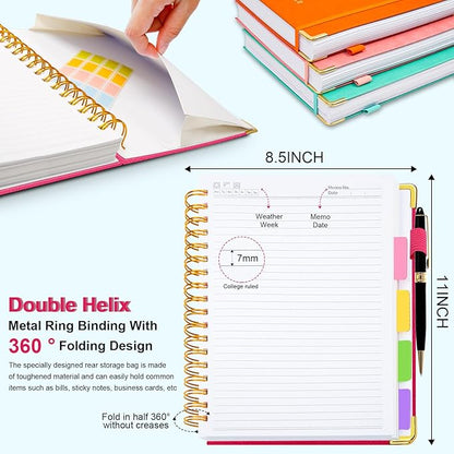 Hardcover Spiral Notebook 8.5"x11" Journal Notebook with Tabs and Removable Dividers 300 Pages 5 Subject Notebook College Ruled, Faux Leather Spiral Bound Notebook for Women School Work (Rose Red)
