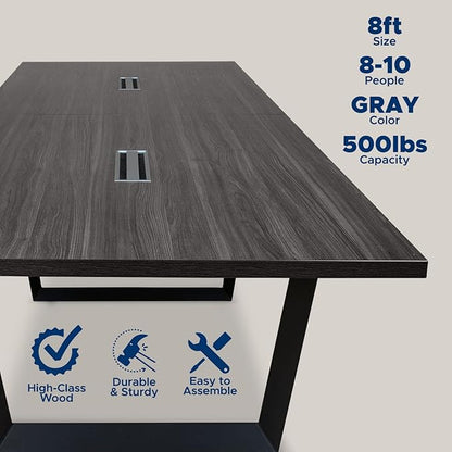 Sturdy Conference Table with Cable Management Grommets Modern Rectangle Office Meeting Table with Wood Tabletop and Metal Frame & Legs- Easy Assembly Boardroom Table (Grey, 8 Foot)