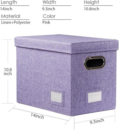 PRANDOM File Organizer Box - Set of 1 Collapsible Decorative Linen Filing Storage Hanging File Folders with Lids Office Cabinet Letter Size Purple (14x9.3x10.8 inch)