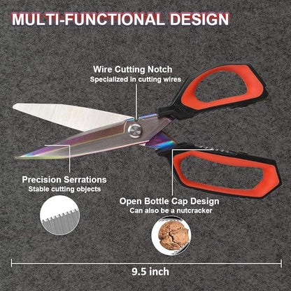 Heavy Duty Scissors 9.5'', Titanium Coating Forged Stainless Steel Blades, Industrial Utility Shears for Garage, Household, Construction, easy Cutting Cardboard, Wire, Leather, Carpet.