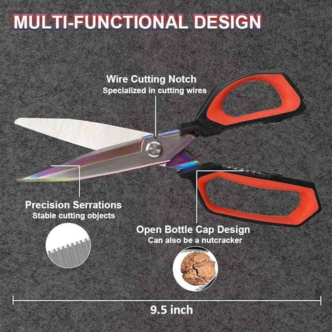 Heavy Duty Scissors 9.5'' Kit, Titanium Coating Stainless Steel Shears with Protective Cover, Utility Shears for Garage, Household, Construction, easy Cutting Cardboard, Wire, Leather, Carpet.